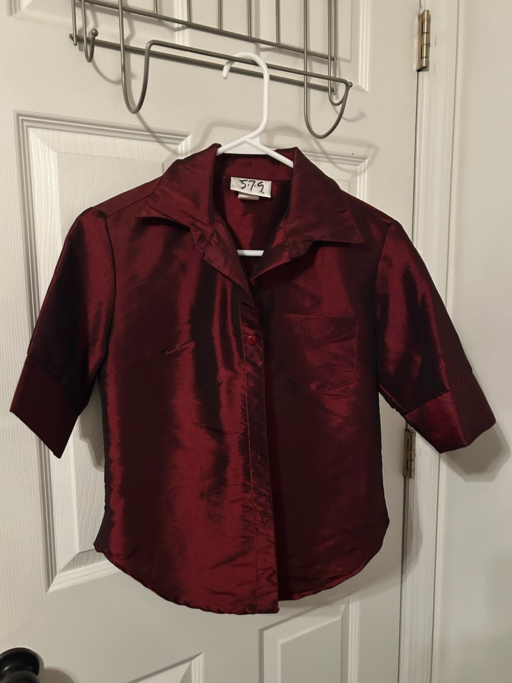 Vintage 90s 579 Women’s Wine Red Metallic Button Up Shirt Sz S Shirt Sleeve